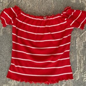 Off the shoulder red crop top with ruffle detail